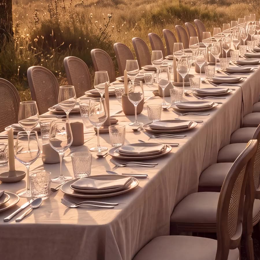 Lange gedekte tafels in het gras